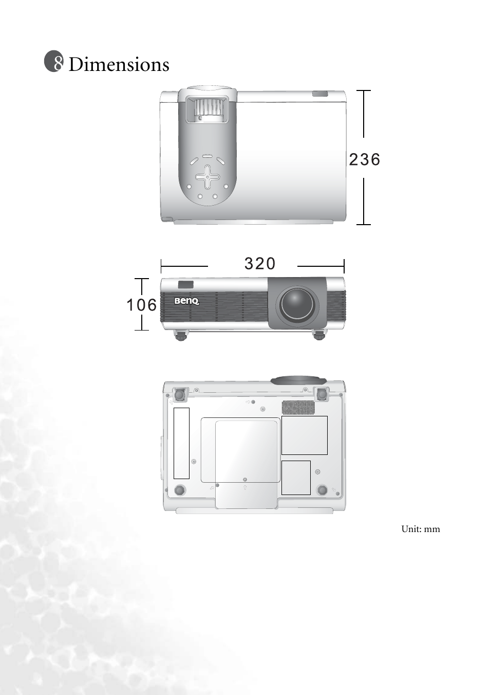 Dimensions | BenQ PB8140 User Manual | Page 54 / 56