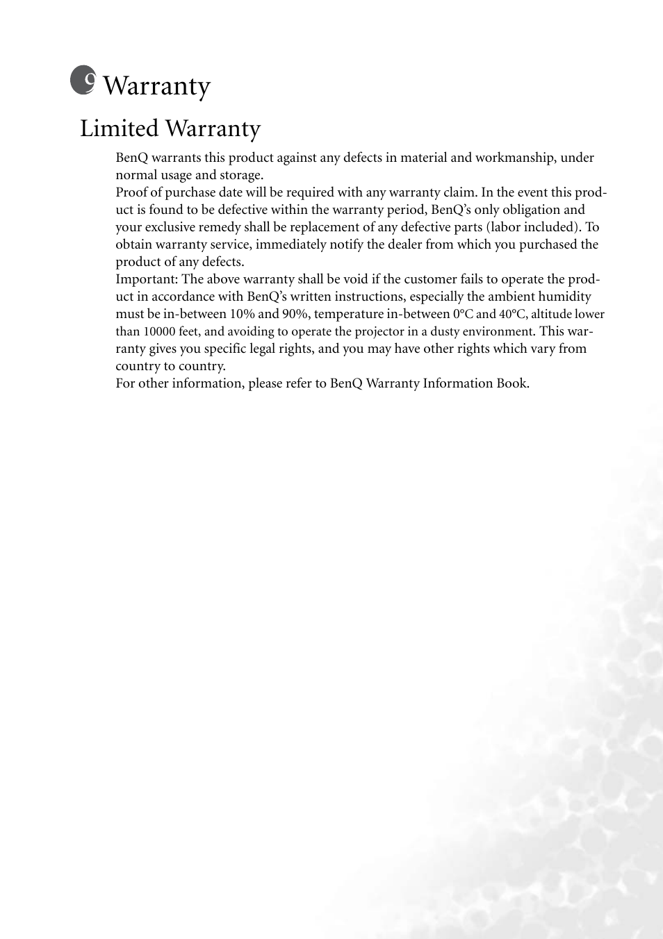 Warranty, Limited warranty | BenQ PB8140 User Manual | Page 55 / 56