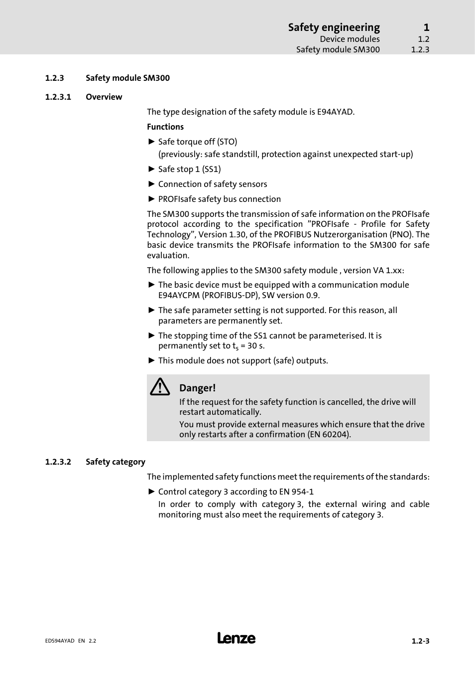 3 safetymodule sm300, Safety module sm300, Safety engineering | Lenze E94AYAD - SM300 User Manual | Page 13 / 40