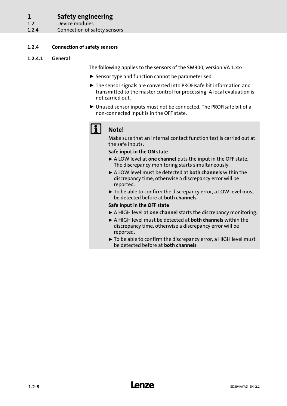 4 connection of safety sensors, Connection of safety sensors, Safety engineering | Lenze E94AYAD - SM300 User Manual | Page 18 / 40
