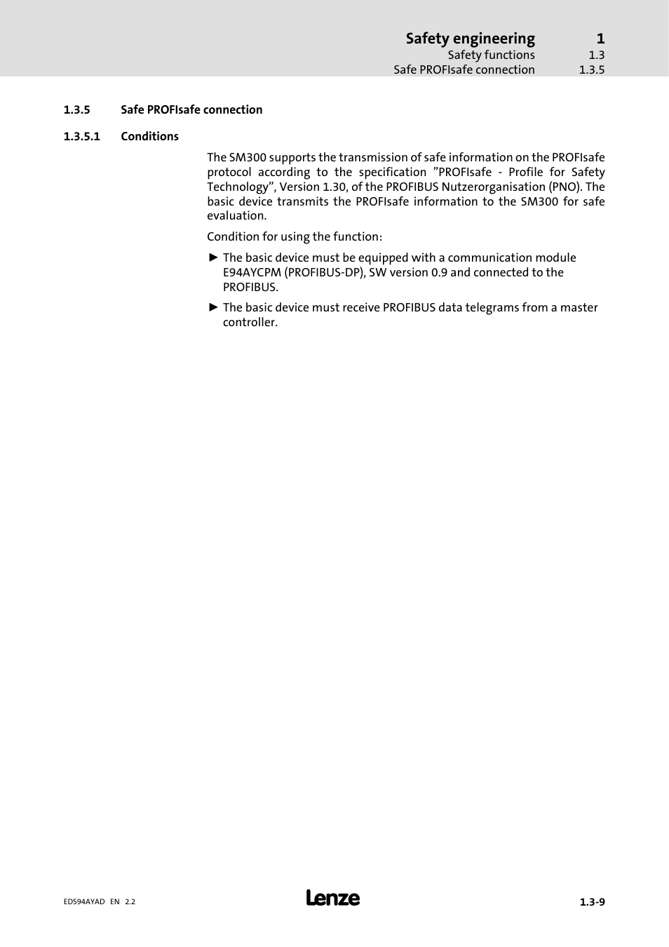 5 safe profisafe connection, Safe profisafe connection, Safety engineering | Lenze E94AYAD - SM300 User Manual | Page 31 / 40