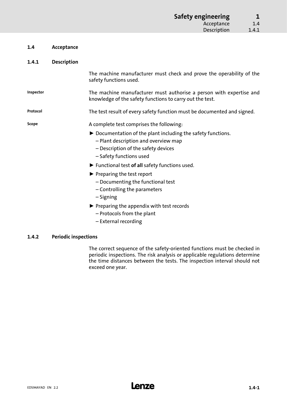 4 acceptance, 1 description, 2 periodic inspections | Acceptance, Description, Periodic inspections, Safety engineering | Lenze E94AYAD - SM300 User Manual | Page 39 / 40