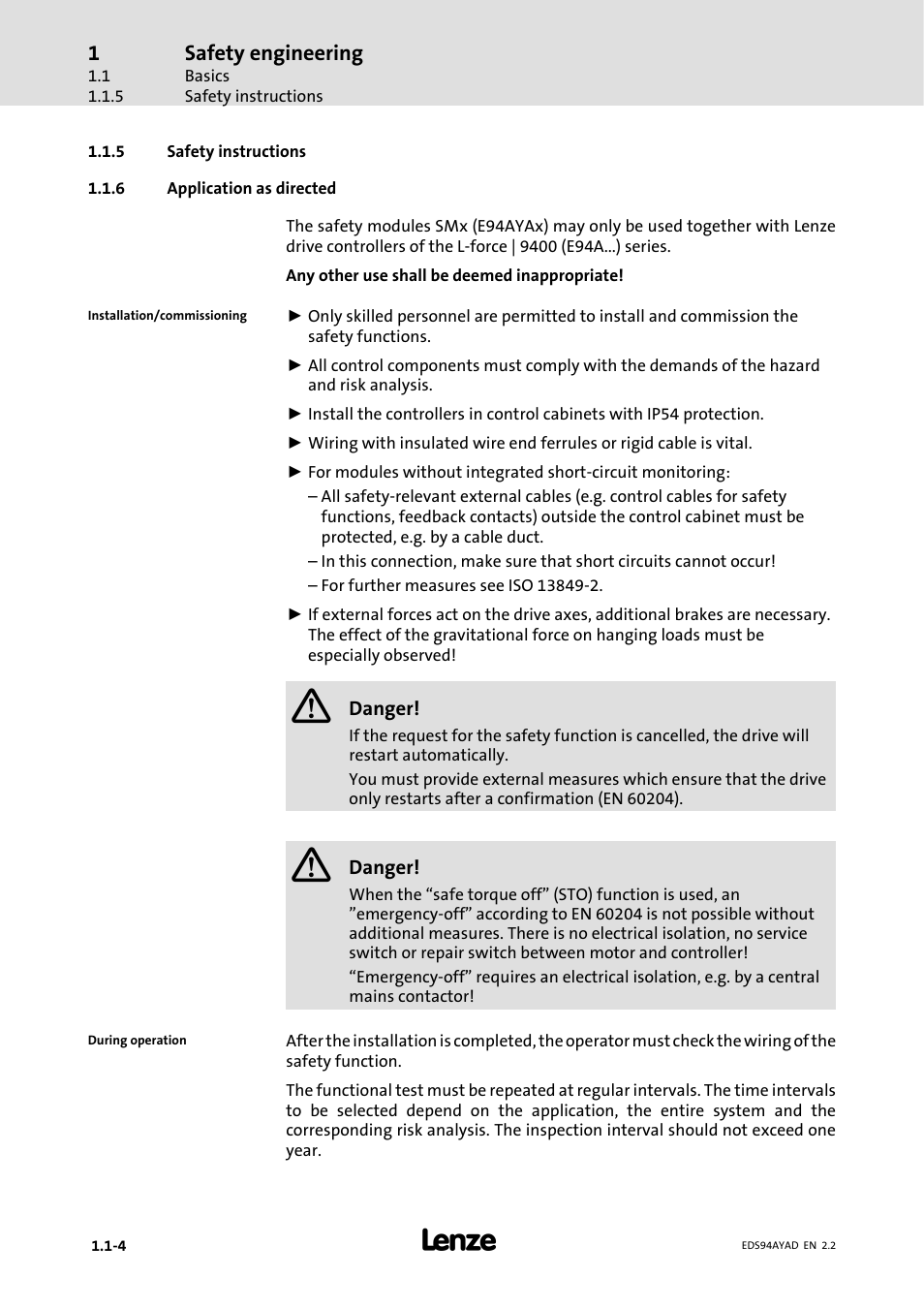 5 safety instructions, 6 application as directed, Safety instructions | Application as directed, Safety engineering | Lenze E94AYAD - SM300 User Manual | Page 8 / 40
