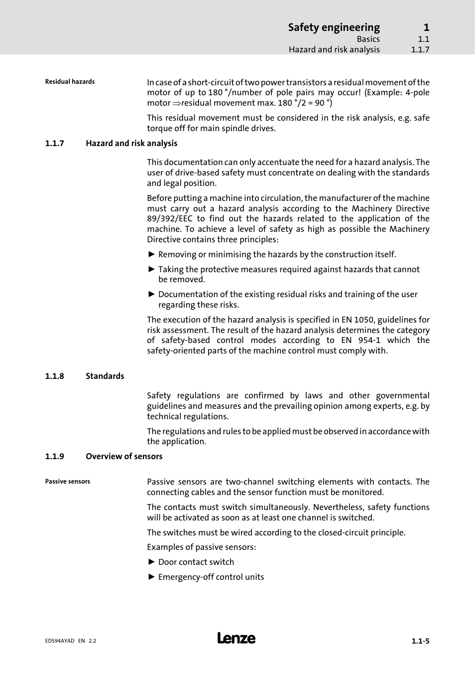 7 hazard and risk analysis, 8 standards, 9 overview of sensors | Hazard and risk analysis, Standards, Overview of sensors, Safety engineering | Lenze E94AYAD - SM300 User Manual | Page 9 / 40