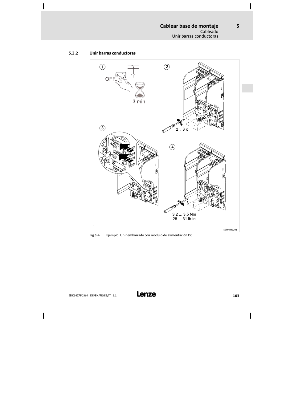 2 unir barras conductoras, Cablear base de montaje | Lenze E94AZPP User Manual | Page 103 / 134