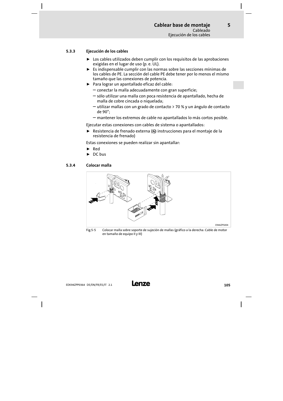 3 ejecución de los cables, 4 colocar malla | Lenze E94AZPP User Manual | Page 105 / 134