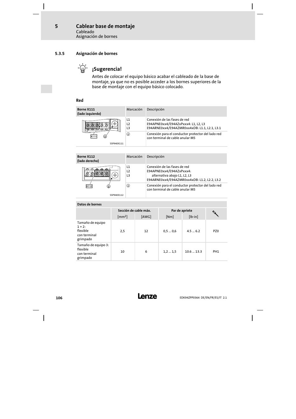 5 asignación de bornes, Cablear base de montaje, Sugerencia | Lenze E94AZPP User Manual | Page 106 / 134