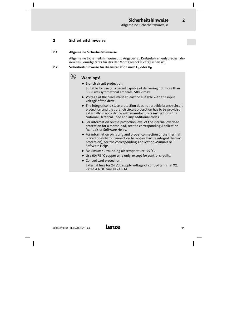 2 sicherheitshinweise, 1 allgemeine sicherheitshinweise, Sicherheitshinweise | Lenze E94AZPP User Manual | Page 11 / 134