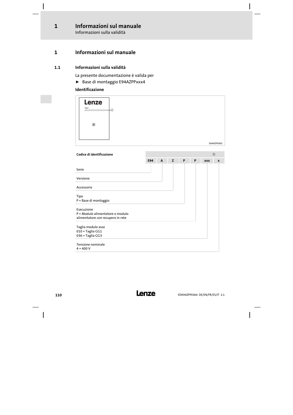 1 informazioni sul manuale, 1 informazioni sulla validità, Lenze | Informazioni sul manuale, 1informazioni sul manuale | Lenze E94AZPP User Manual | Page 110 / 134