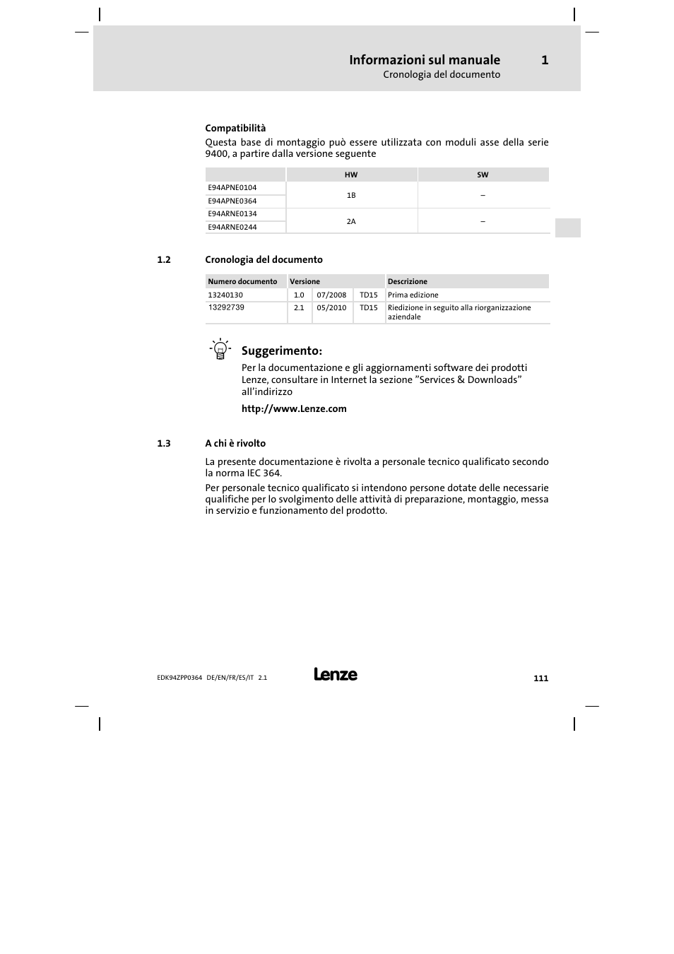 2 cronologia del documento, 3 a chi è rivolto, Informazioni sul manuale | Suggerimento | Lenze E94AZPP User Manual | Page 111 / 134