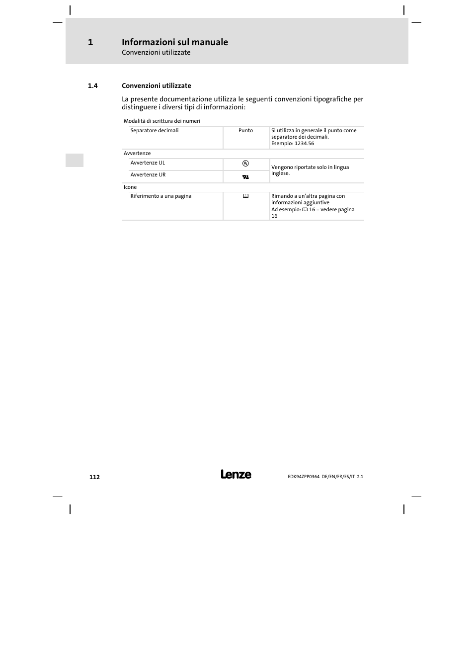 4 convenzioni utilizzate, Informazioni sul manuale | Lenze E94AZPP User Manual | Page 112 / 134