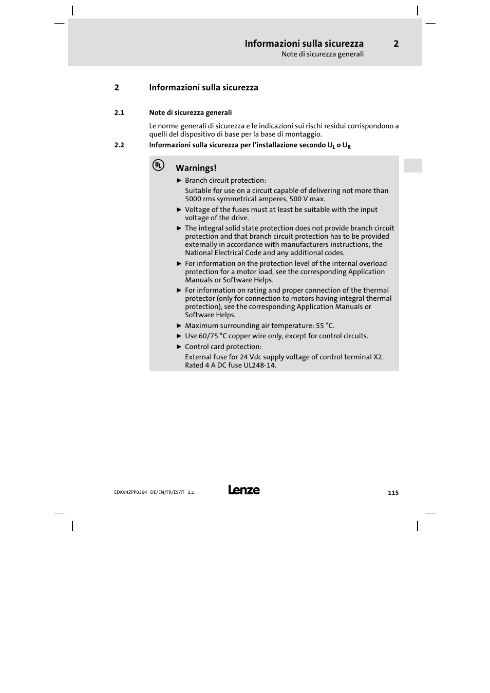 2 informazioni sulla sicurezza, 1 note di sicurezza generali, Informazioni sulla sicurezza | Lenze E94AZPP User Manual | Page 115 / 134
