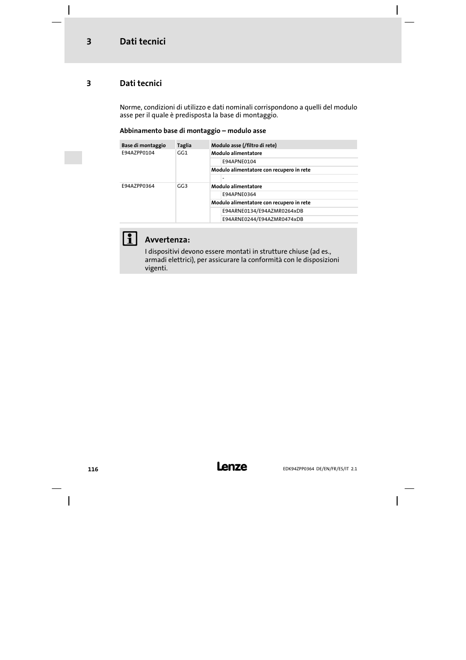 3 dati tecnici, Dati tecnici 3 | Lenze E94AZPP User Manual | Page 116 / 134