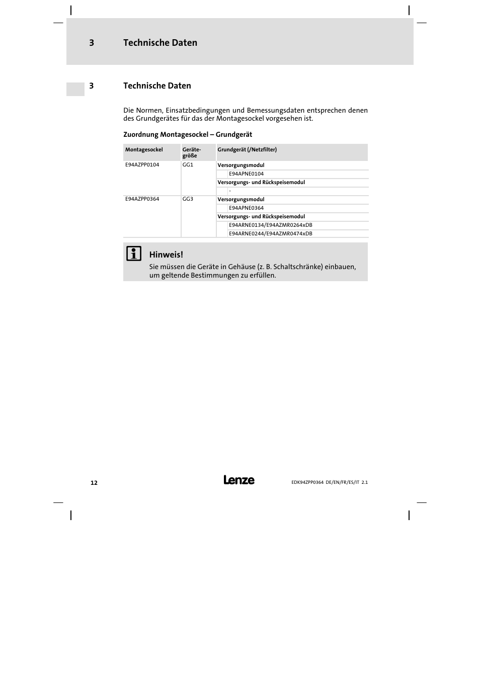 3 technische daten, Technische daten 3 | Lenze E94AZPP User Manual | Page 12 / 134