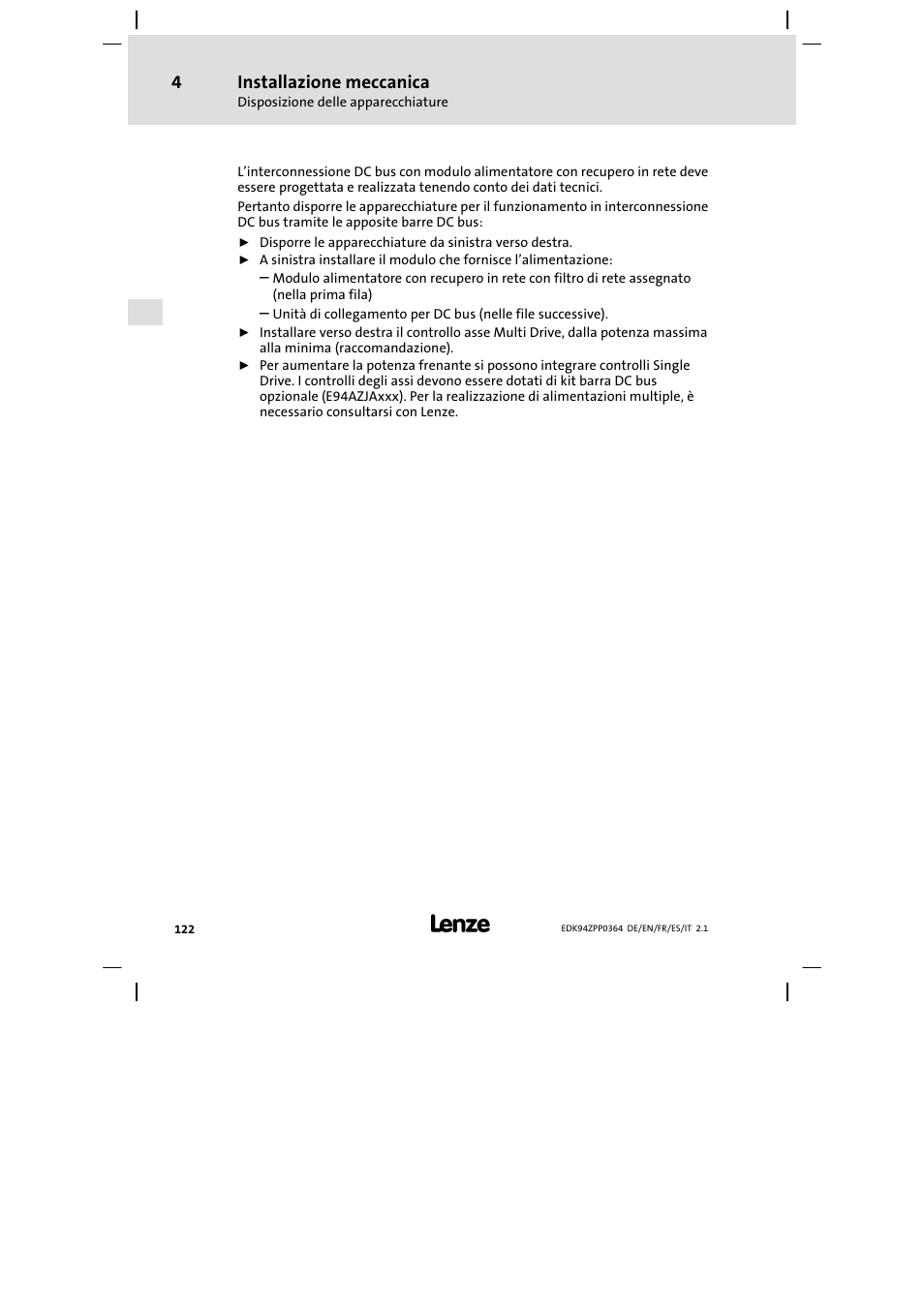 Installazione meccanica | Lenze E94AZPP User Manual | Page 122 / 134