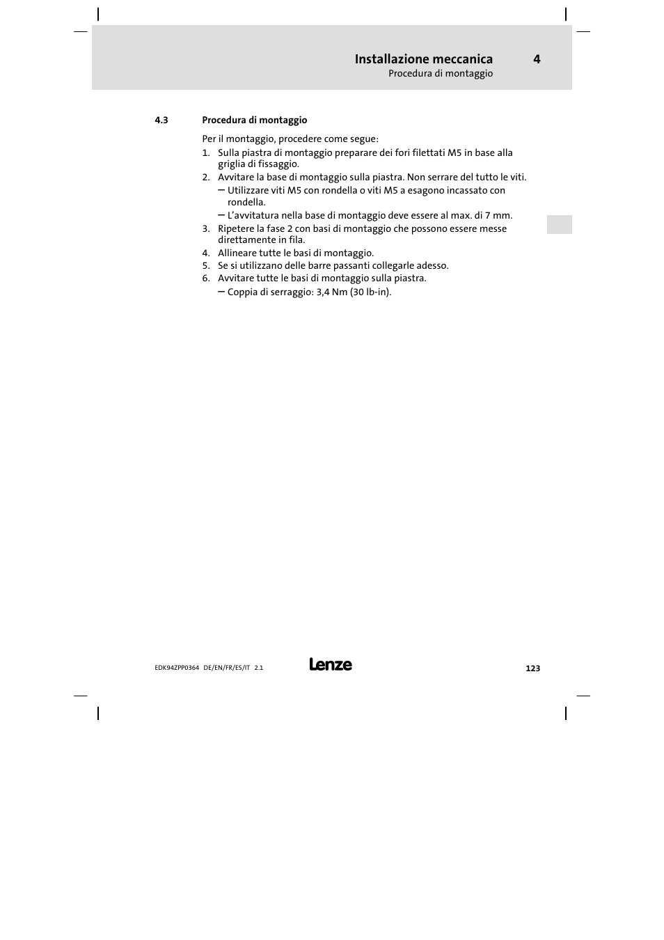 3 procedura di montaggio, Installazione meccanica | Lenze E94AZPP User Manual | Page 123 / 134