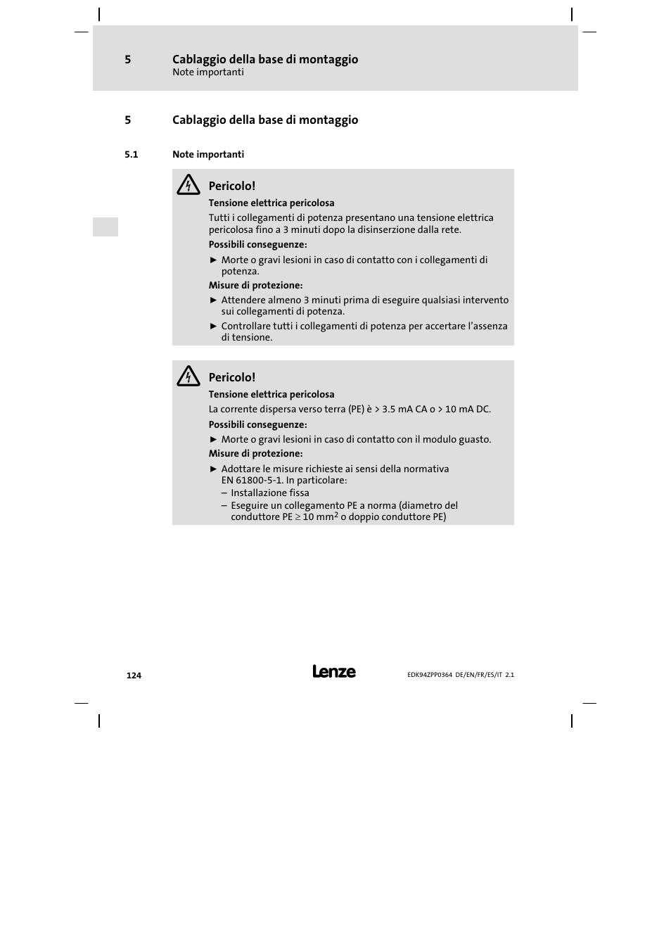 5 cablaggio della base di montaggio, 1 note importanti | Lenze E94AZPP User Manual | Page 124 / 134