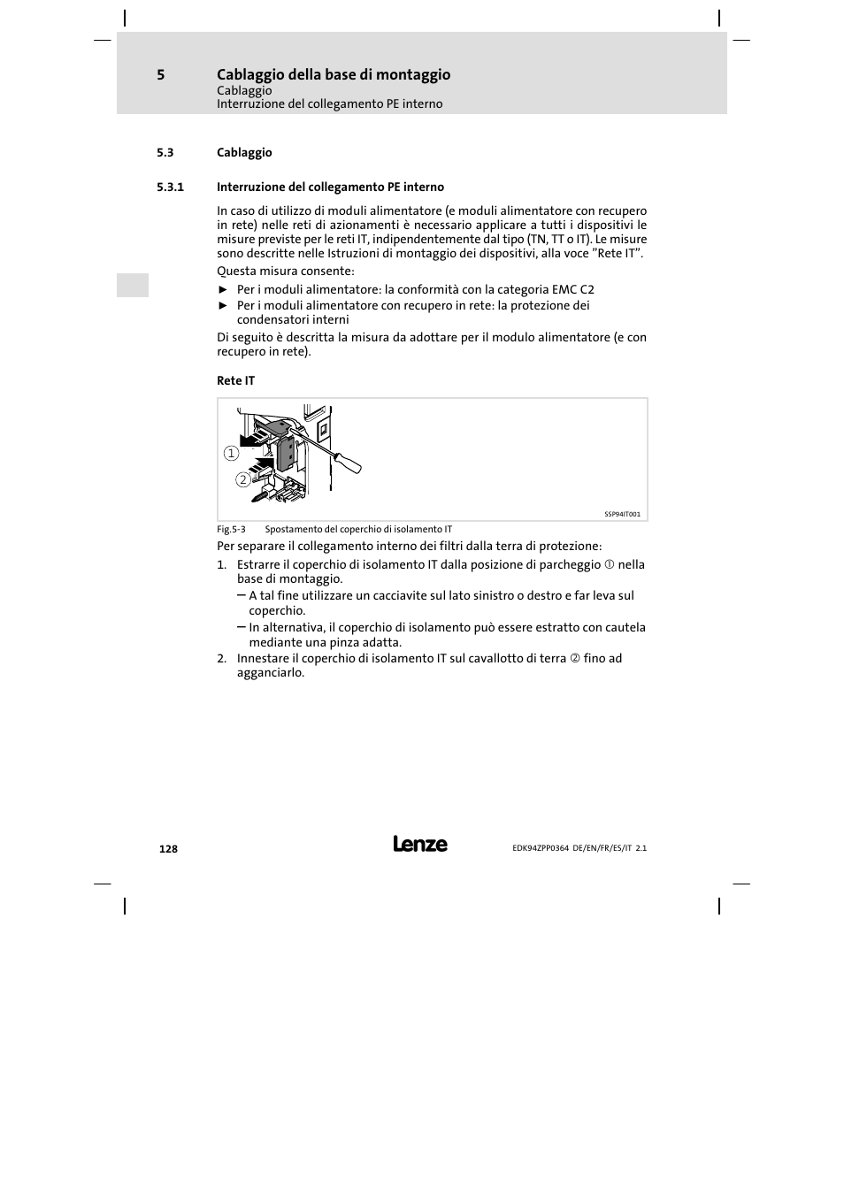 3 cablaggio, 1 interruzione del collegamento pe interno | Lenze E94AZPP User Manual | Page 128 / 134