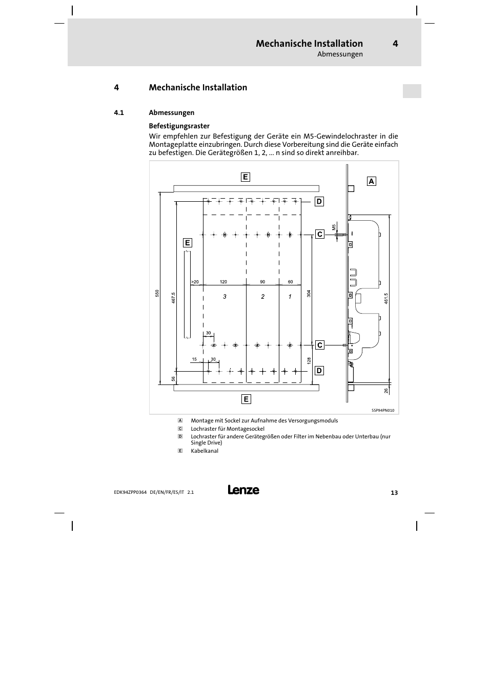 4 mechanische installation, 1 abmessungen, Mechanische installation | 4mechanische installation | Lenze E94AZPP User Manual | Page 13 / 134