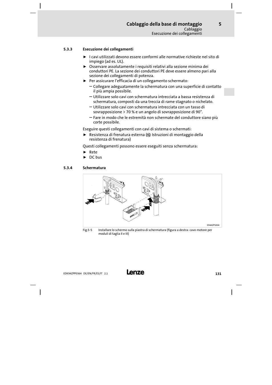 3 esecuzione dei collegamenti, 4 schermatura | Lenze E94AZPP User Manual | Page 131 / 134