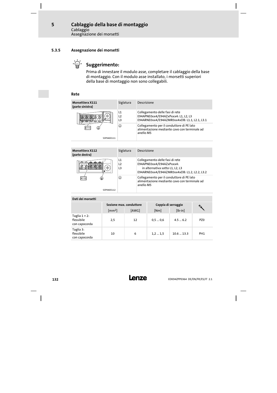 5 assegnazione dei morsetti, Cablaggio della base di montaggio, Suggerimento | Lenze E94AZPP User Manual | Page 132 / 134