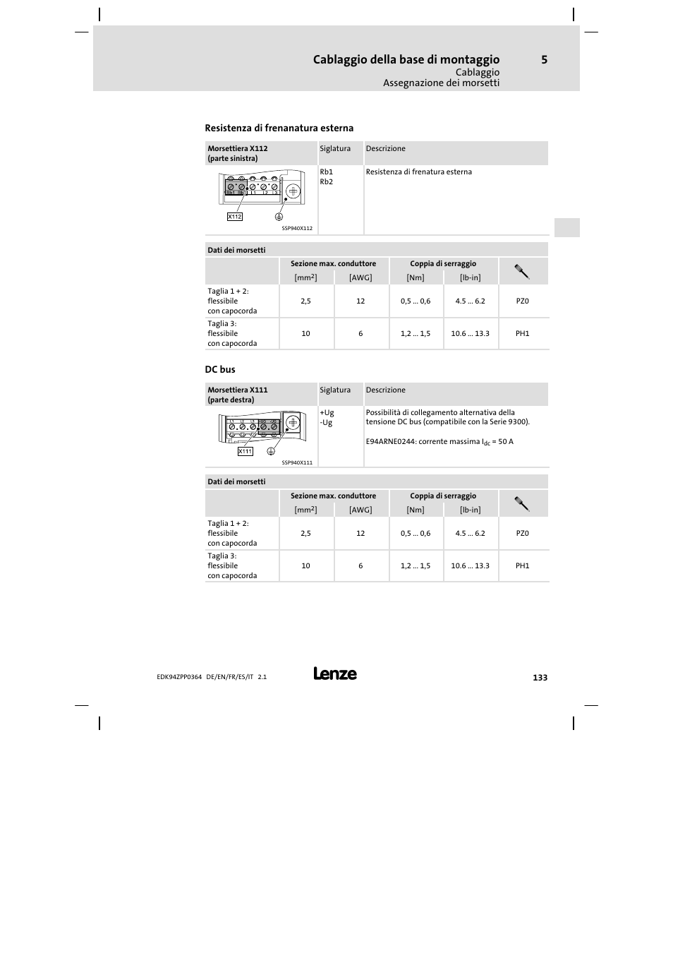 Cablaggio della base di montaggio | Lenze E94AZPP User Manual | Page 133 / 134