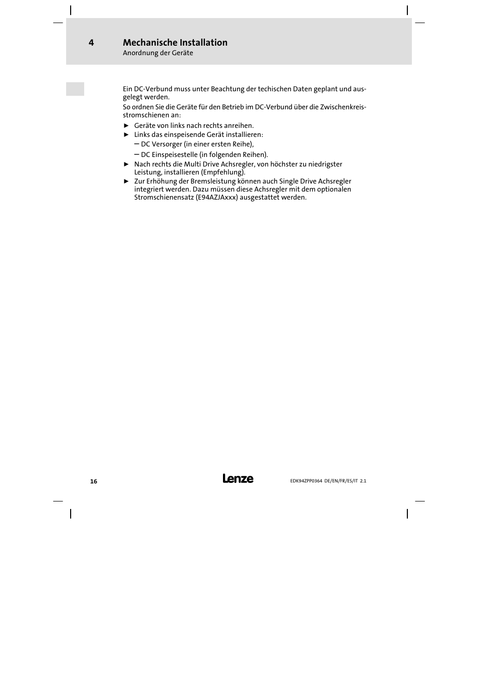 Mechanische installation | Lenze E94AZPP User Manual | Page 16 / 134