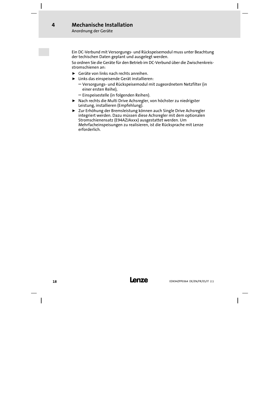 Mechanische installation | Lenze E94AZPP User Manual | Page 18 / 134
