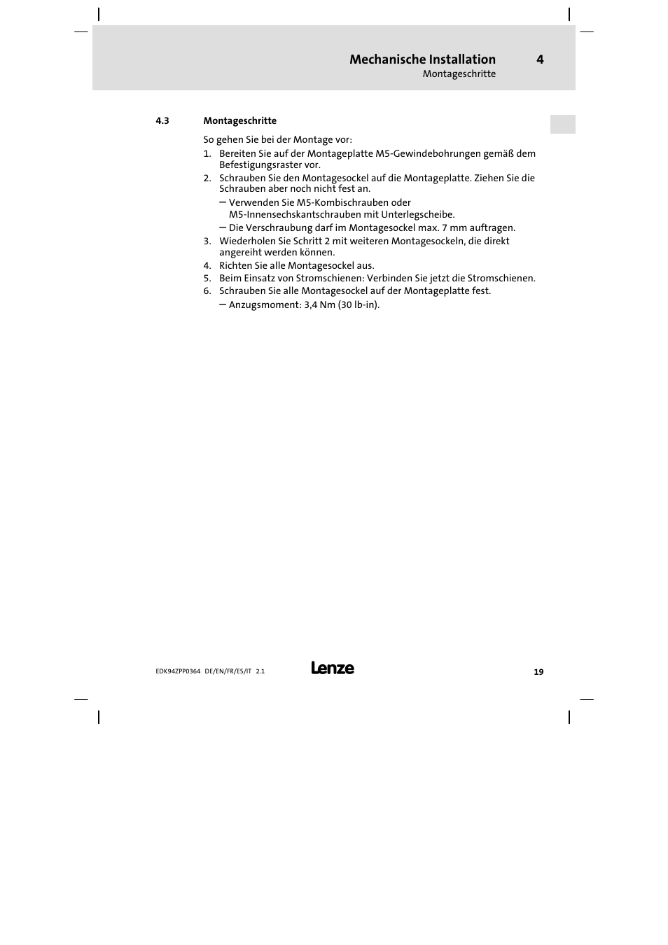 3 montageschritte, Mechanische installation | Lenze E94AZPP User Manual | Page 19 / 134