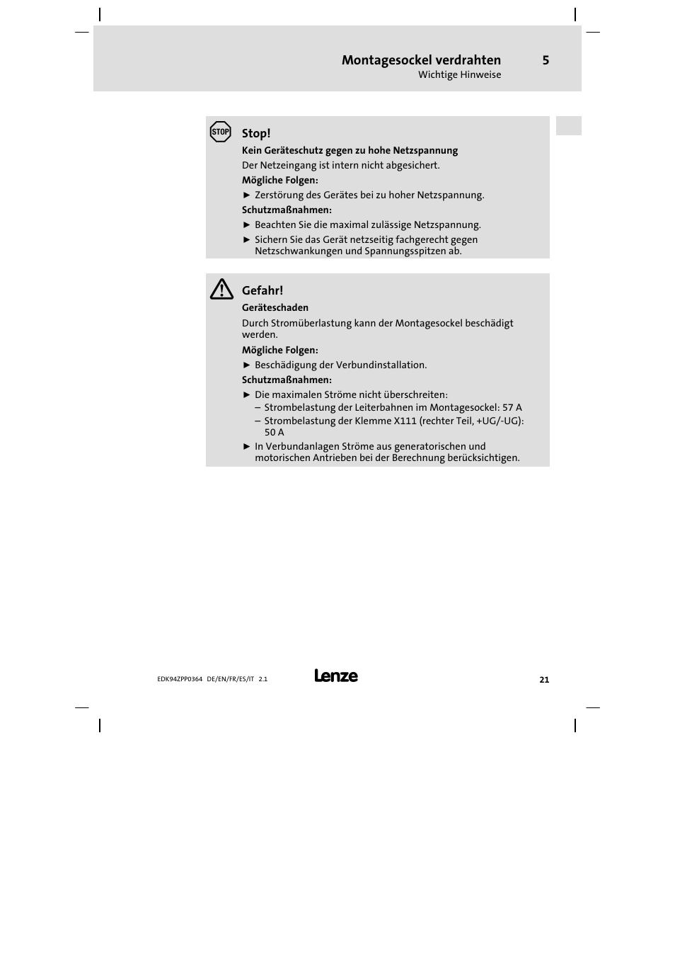 Montagesockel verdrahten | Lenze E94AZPP User Manual | Page 21 / 134