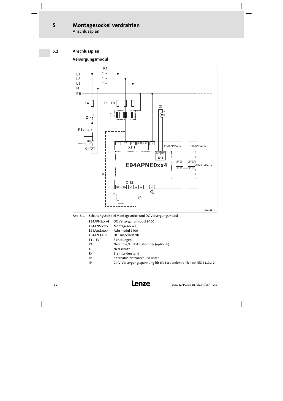 2 anschlussplan, E94apne0xx4, Montagesockel verdrahten | Anschlussplan, 2 anschlussplan versorgungsmodul | Lenze E94AZPP User Manual | Page 22 / 134