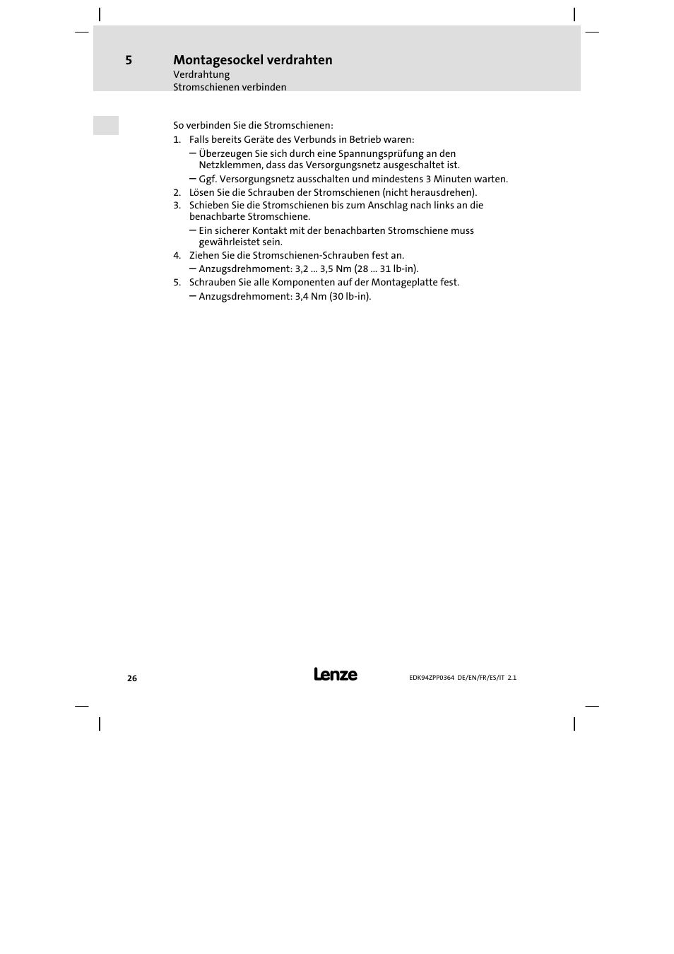 Montagesockel verdrahten | Lenze E94AZPP User Manual | Page 26 / 134