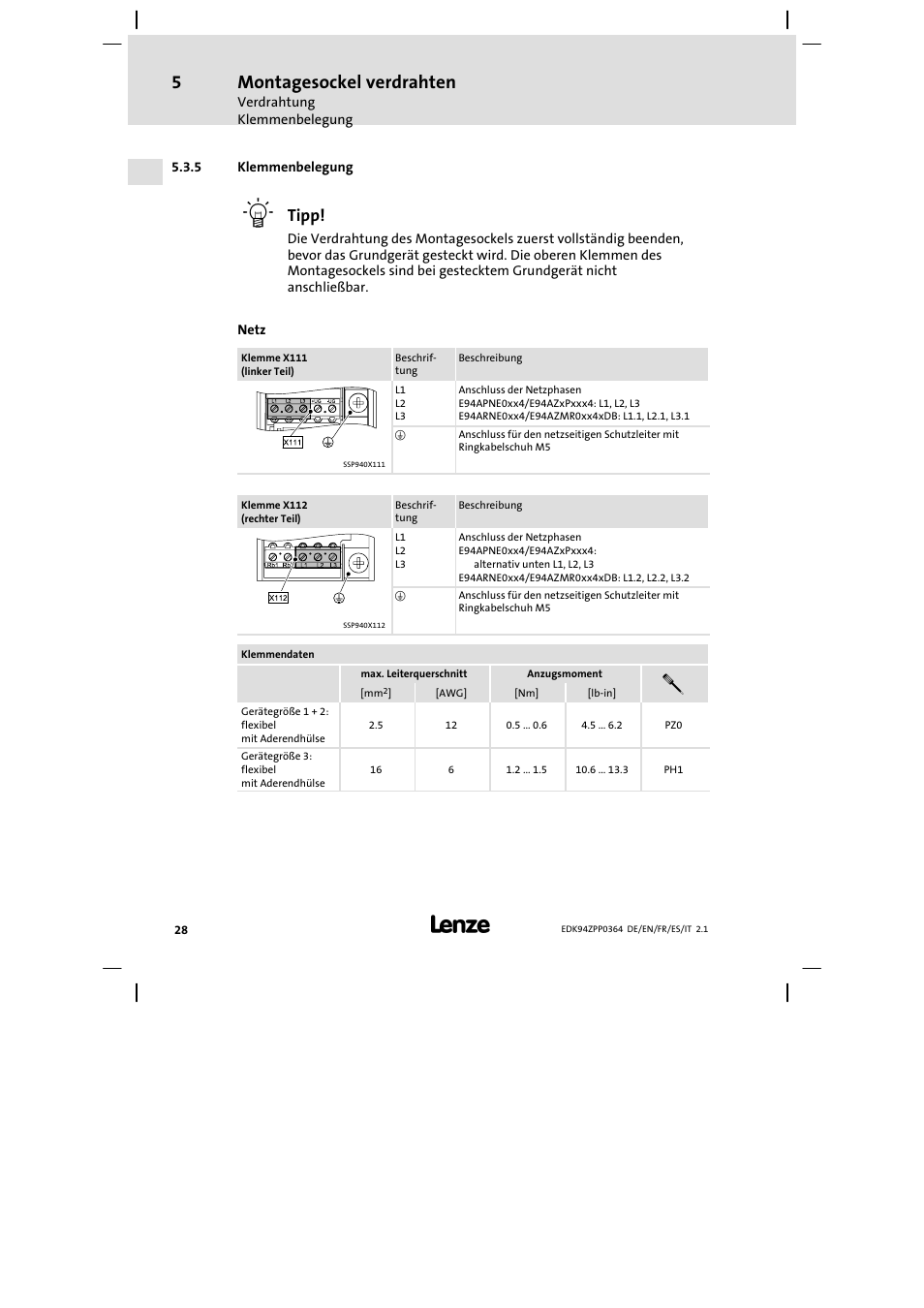 5 klemmenbelegung, Montagesockel verdrahten, Tipp | Lenze E94AZPP User Manual | Page 28 / 134