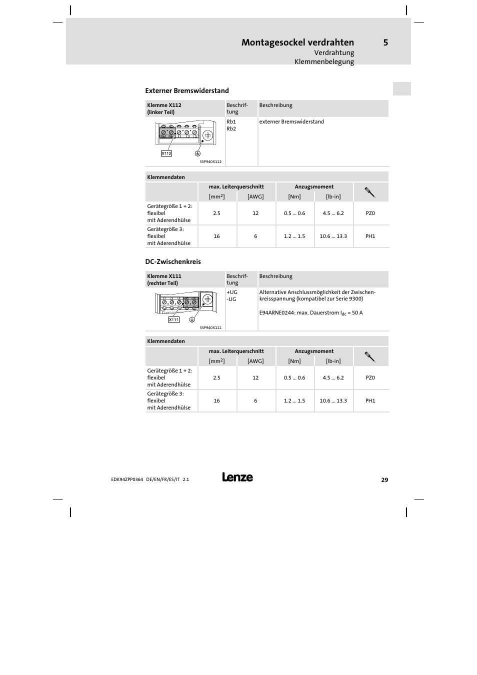 Montagesockel verdrahten | Lenze E94AZPP User Manual | Page 29 / 134