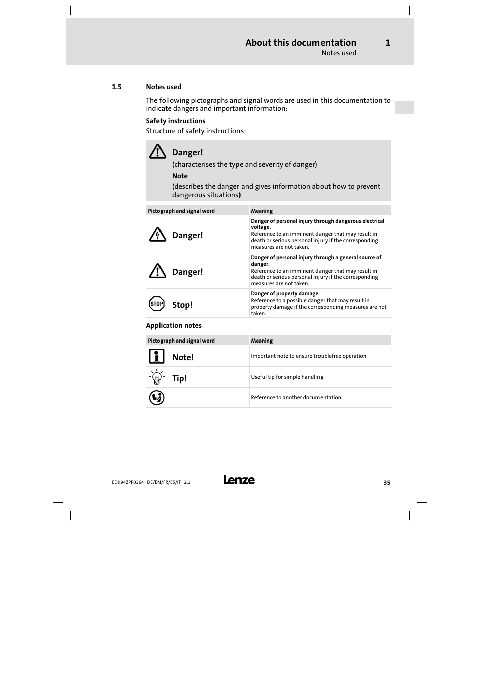 5 notes used | Lenze E94AZPP User Manual | Page 35 / 134