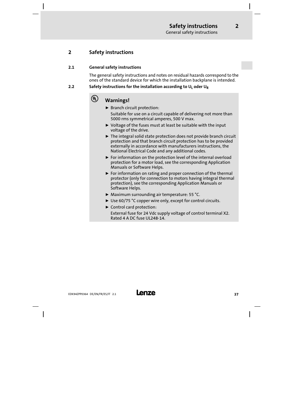 2 safety instructions, 1 general safety instructions, Safety instructions | Lenze E94AZPP User Manual | Page 37 / 134