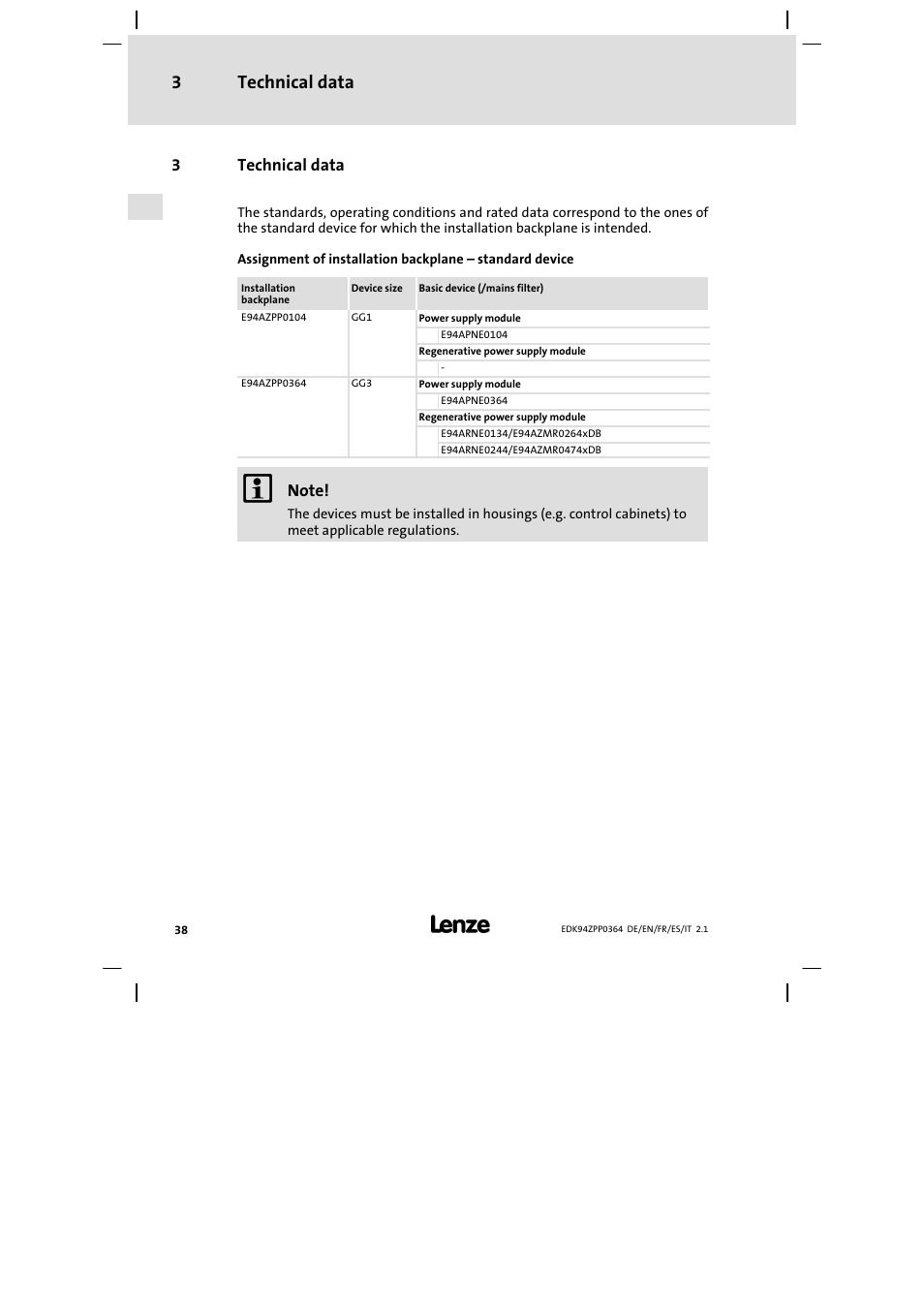 3 technical data, Technical data 3 | Lenze E94AZPP User Manual | Page 38 / 134