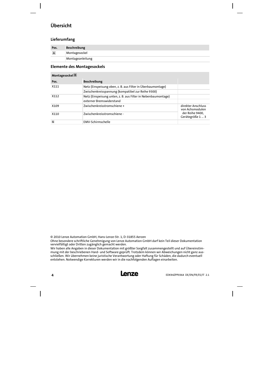 Übersicht | Lenze E94AZPP User Manual | Page 4 / 134