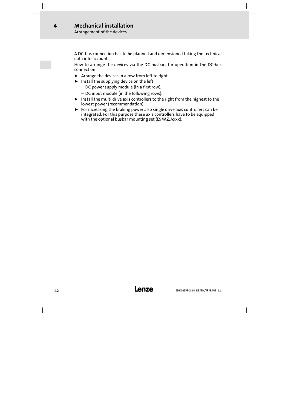 Mechanical installation | Lenze E94AZPP User Manual | Page 42 / 134