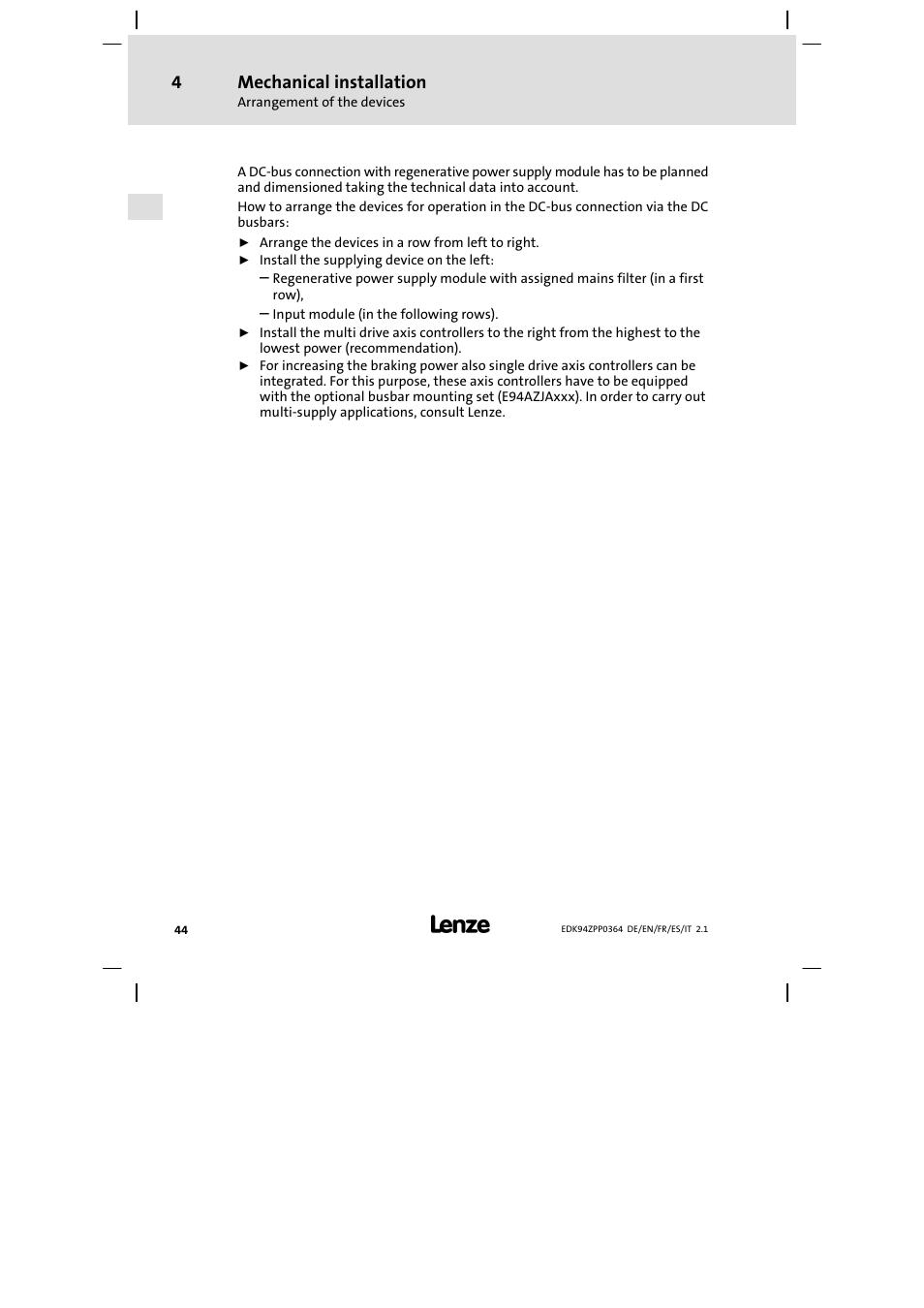 Mechanical installation | Lenze E94AZPP User Manual | Page 44 / 134