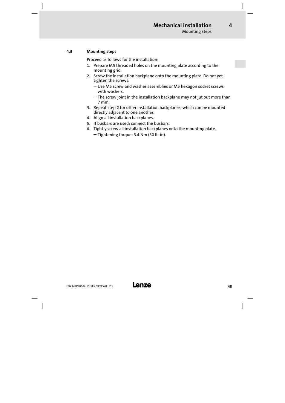 3 mounting steps, Mechanical installation | Lenze E94AZPP User Manual | Page 45 / 134