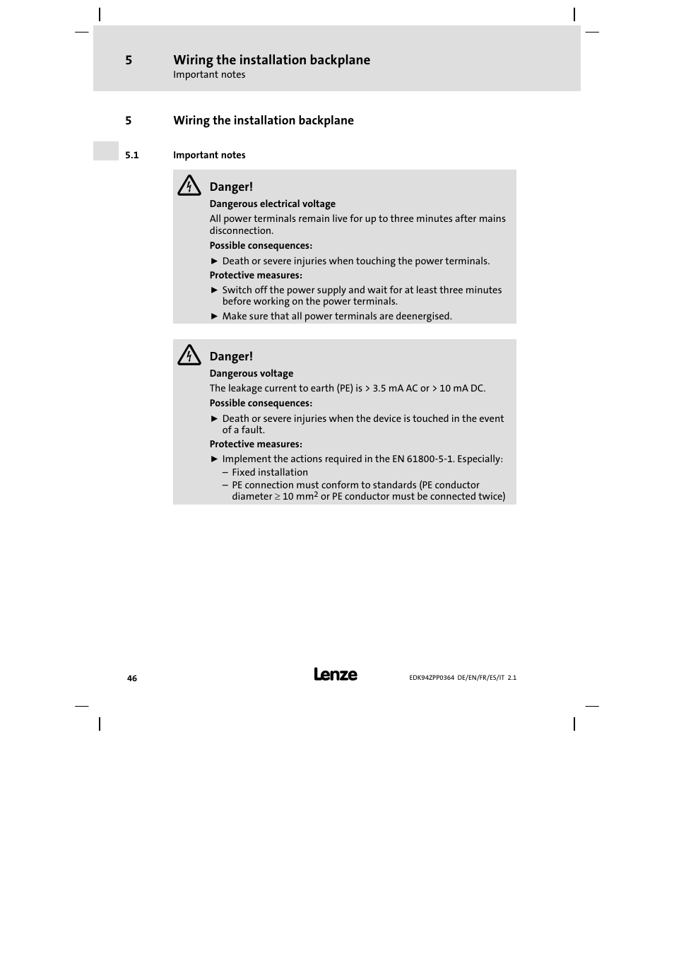 5 wiring the installation backplane, 1 important notes, Wiring the installation backplane | Lenze E94AZPP User Manual | Page 46 / 134