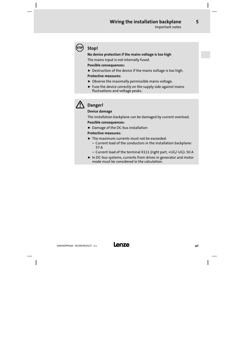 Wiring the installation backplane | Lenze E94AZPP User Manual | Page 47 / 134
