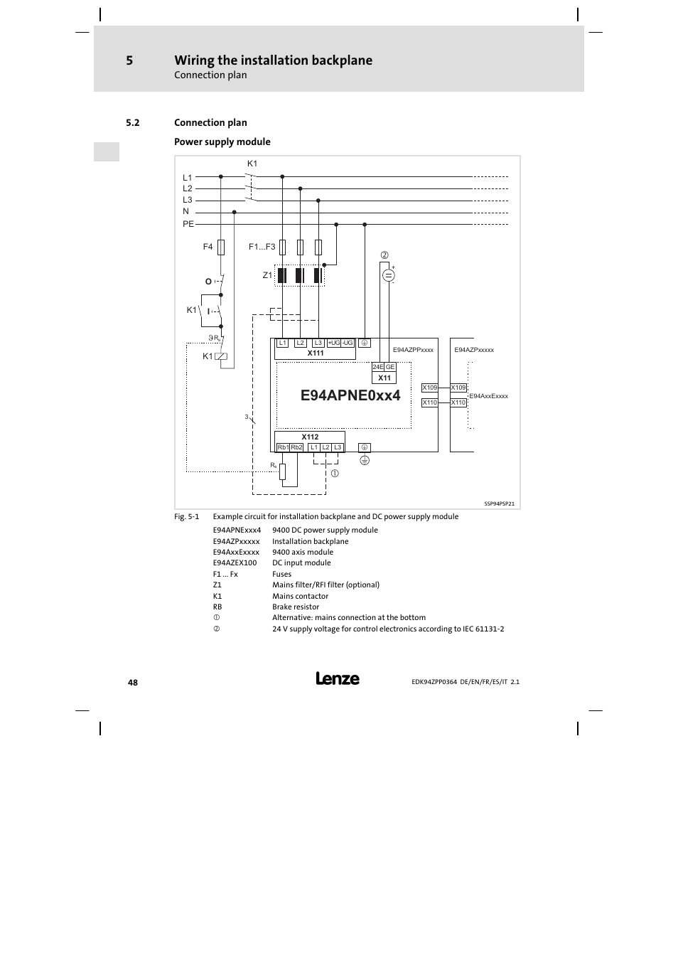 2 connection plan, E94apne0xx4, Wiring the installation backplane | Connection plan, 2 connection plan power supply module | Lenze E94AZPP User Manual | Page 48 / 134