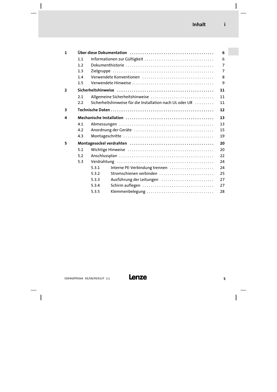 Inhalt | Lenze E94AZPP User Manual | Page 5 / 134