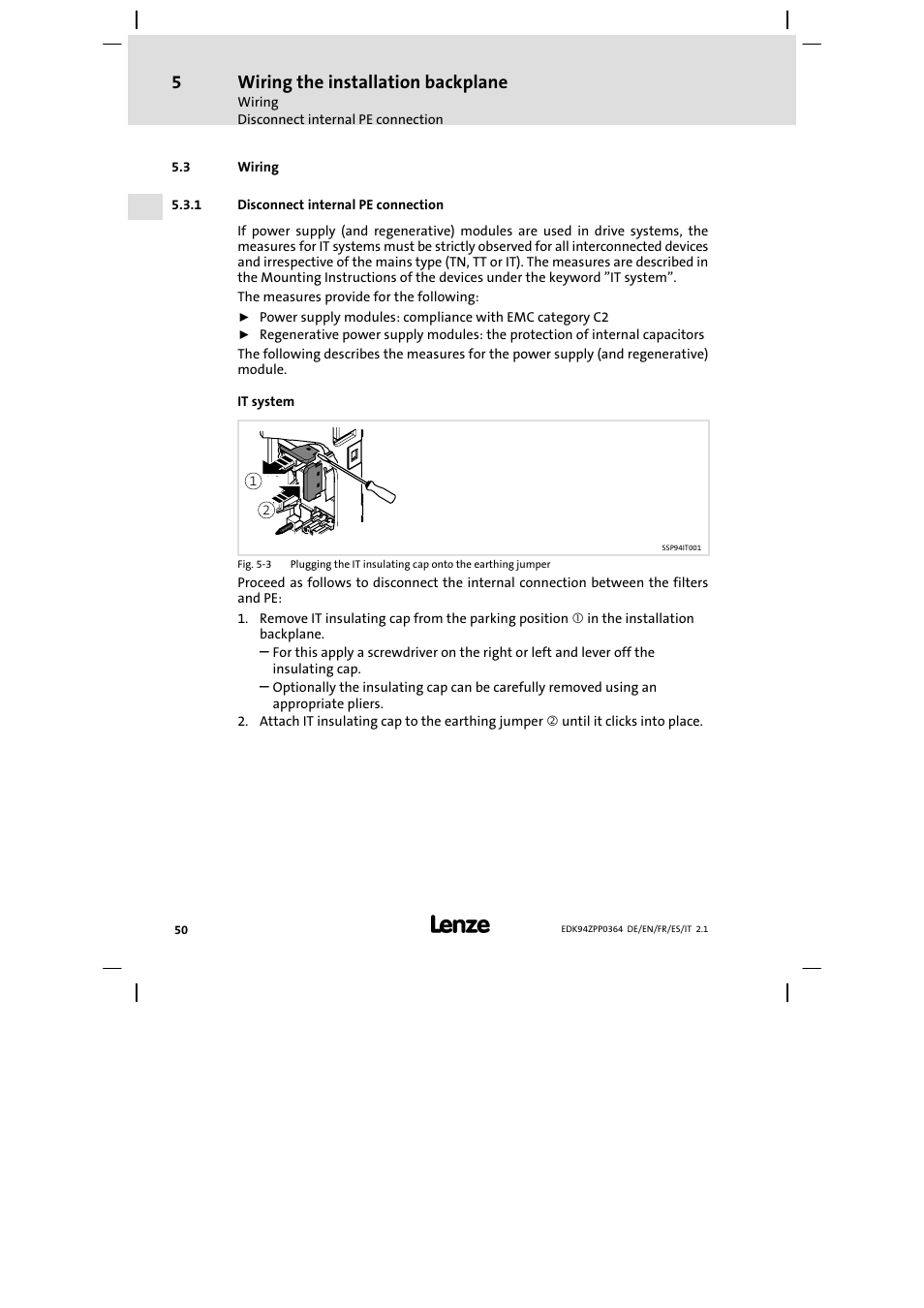 3 wiring, 1 disconnect internal pe connection, Wiring the installation backplane | Lenze E94AZPP User Manual | Page 50 / 134