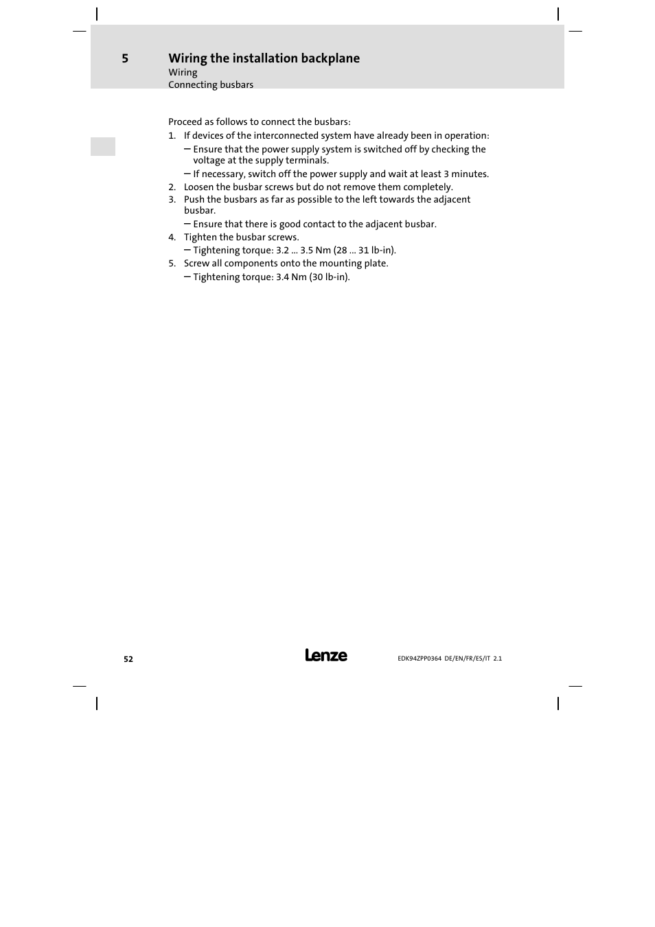 Wiring the installation backplane | Lenze E94AZPP User Manual | Page 52 / 134