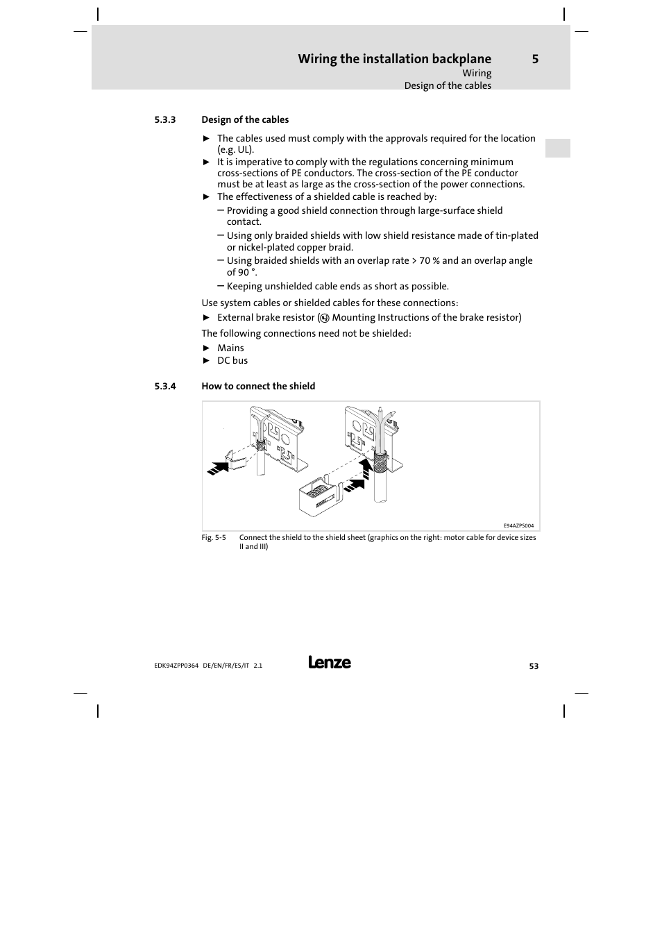 3 design of the cables, 4 how to connect the shield, Wiring the installation backplane | Lenze E94AZPP User Manual | Page 53 / 134