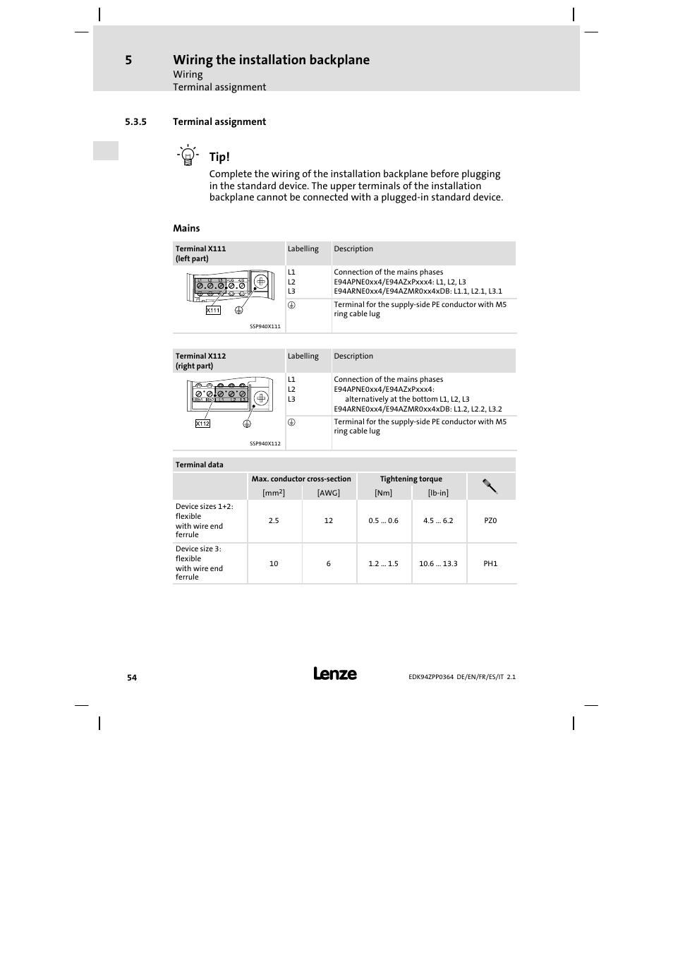 5 terminal assignment, Wiring the installation backplane | Lenze E94AZPP User Manual | Page 54 / 134
