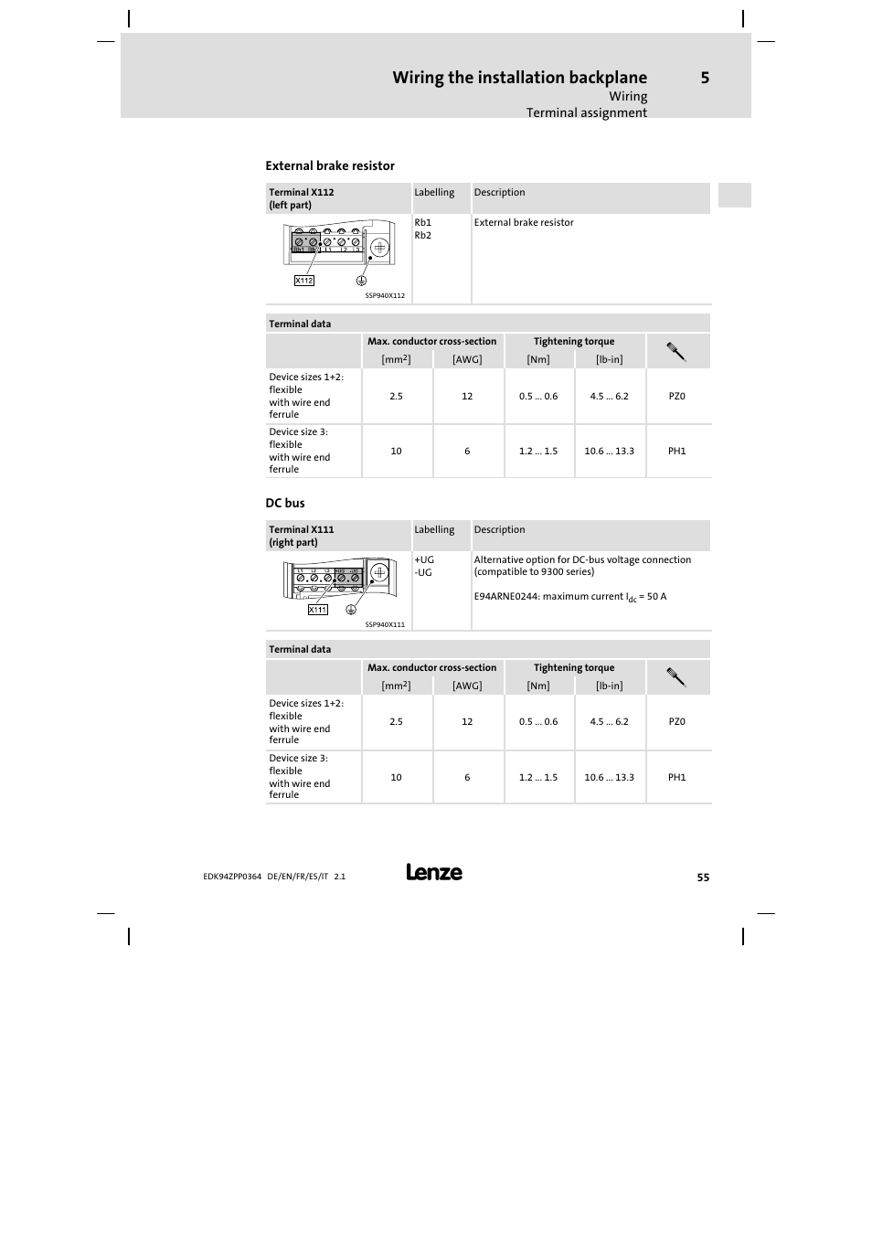 Wiring the installation backplane | Lenze E94AZPP User Manual | Page 55 / 134